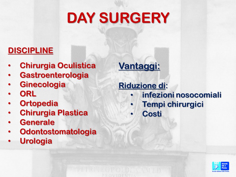 DAY SURGERY Vantaggi: DISCIPLINE Chirurgia Oculistica