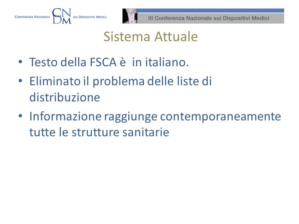 Sistema Attuale Testo della FSCA è in italiano.