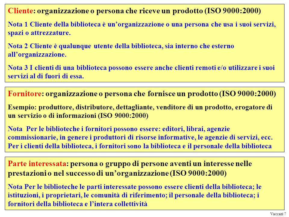 Cliente: organizzazione o persona che riceve un prodotto (ISO 9000:2000)