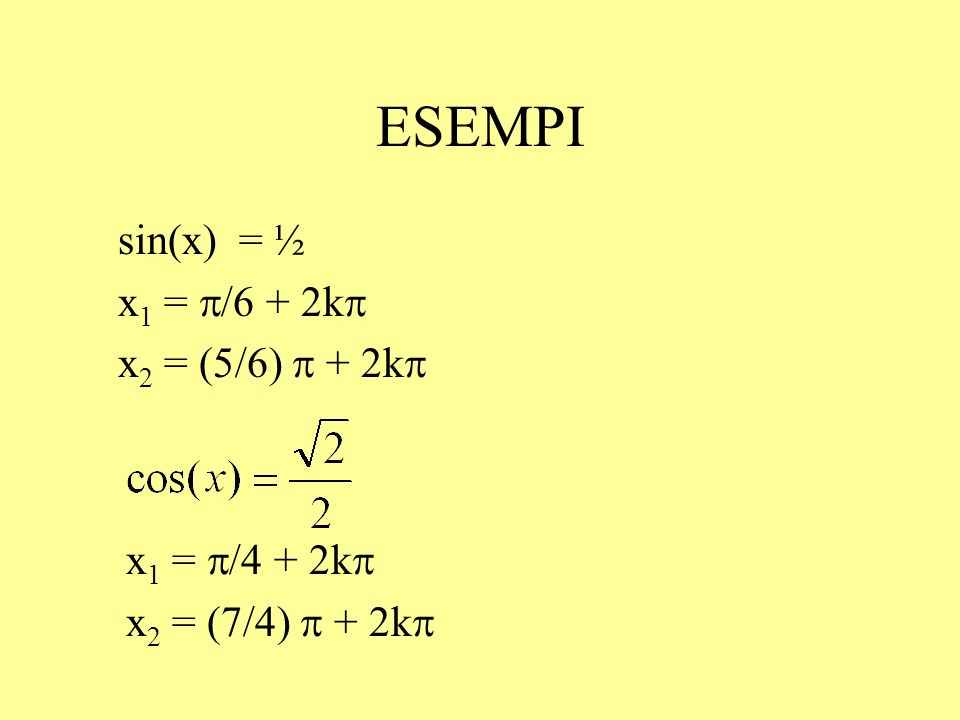 ESEMPI sin(x) = ½ x1 = p/6 + 2kp x2 = (5/6) p + 2kp x1 = p/4 + 2kp