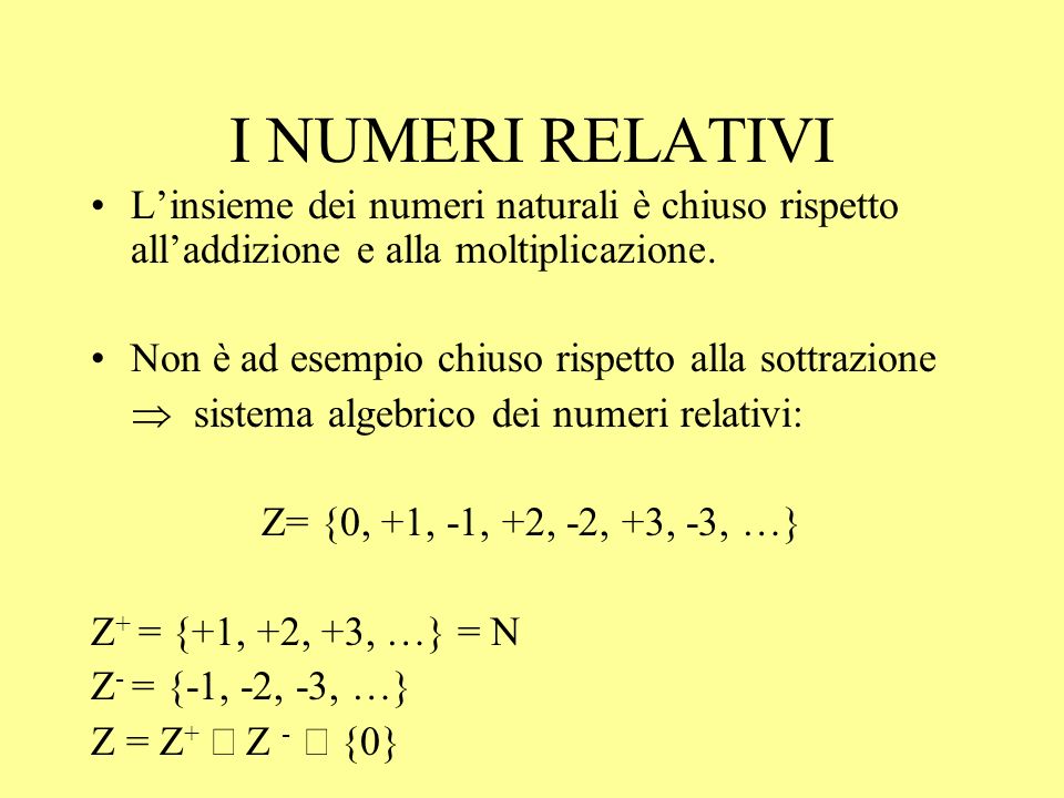 I NUMERI RELATIVI L’insieme dei numeri naturali è chiuso rispetto all’addizione e alla moltiplicazione.