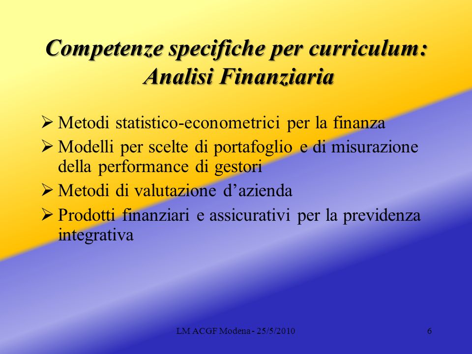Competenze specifiche per curriculum: Analisi Finanziaria