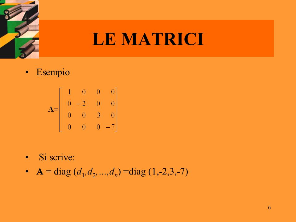 LE MATRICI Esempio Si scrive: A = diag (d1,d2,…,dn) =diag (1,-2,3,-7)