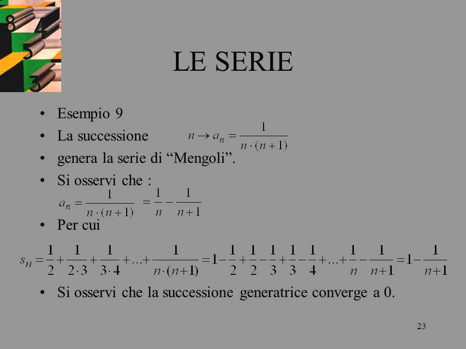 LE SERIE Esempio 9 La successione genera la serie di Mengoli .