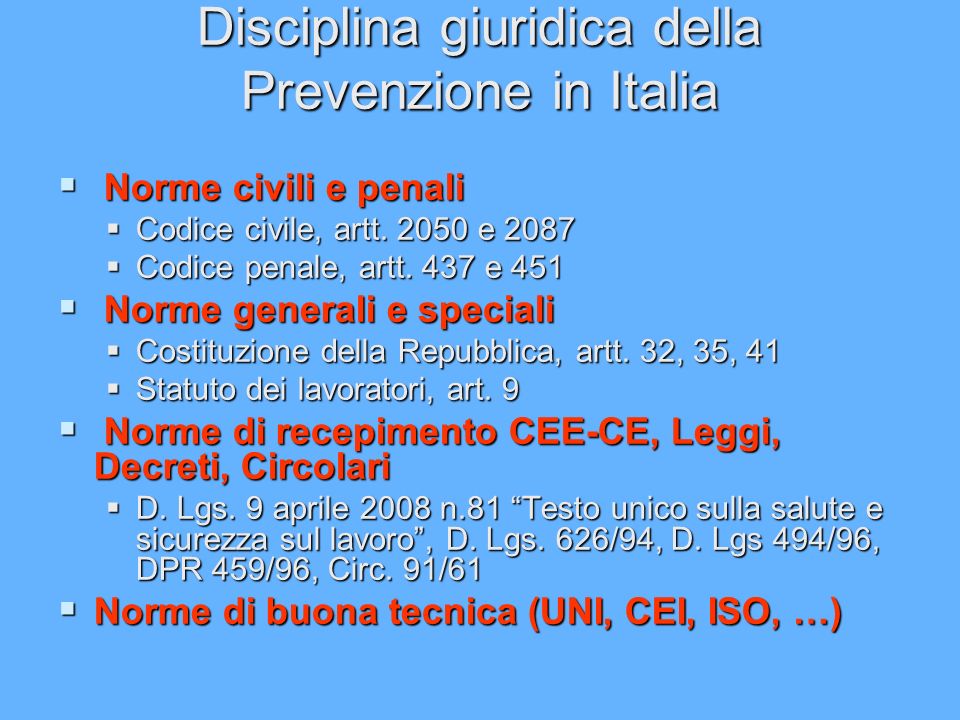 Disciplina giuridica della Prevenzione in Italia