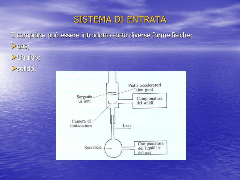 SISTEMA DI ENTRATA Il campione può essere introdotto sotto diverse forme fisiche: gas; Liquido; solido.