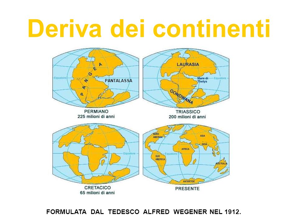 Deriva dei continenti FORMULATA DAL TEDESCO ALFRED WEGENER NEL 1912.