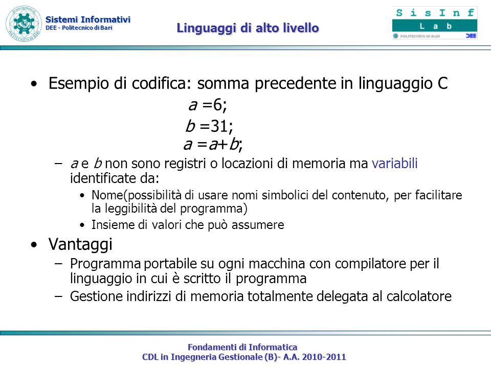 Esempio di codifica: somma precedente in linguaggio C a =6;