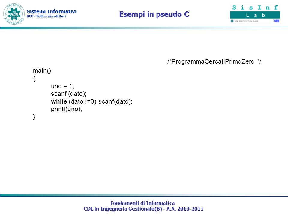 Esempi in pseudo C /*ProgrammaCercaIlPrimoZero */