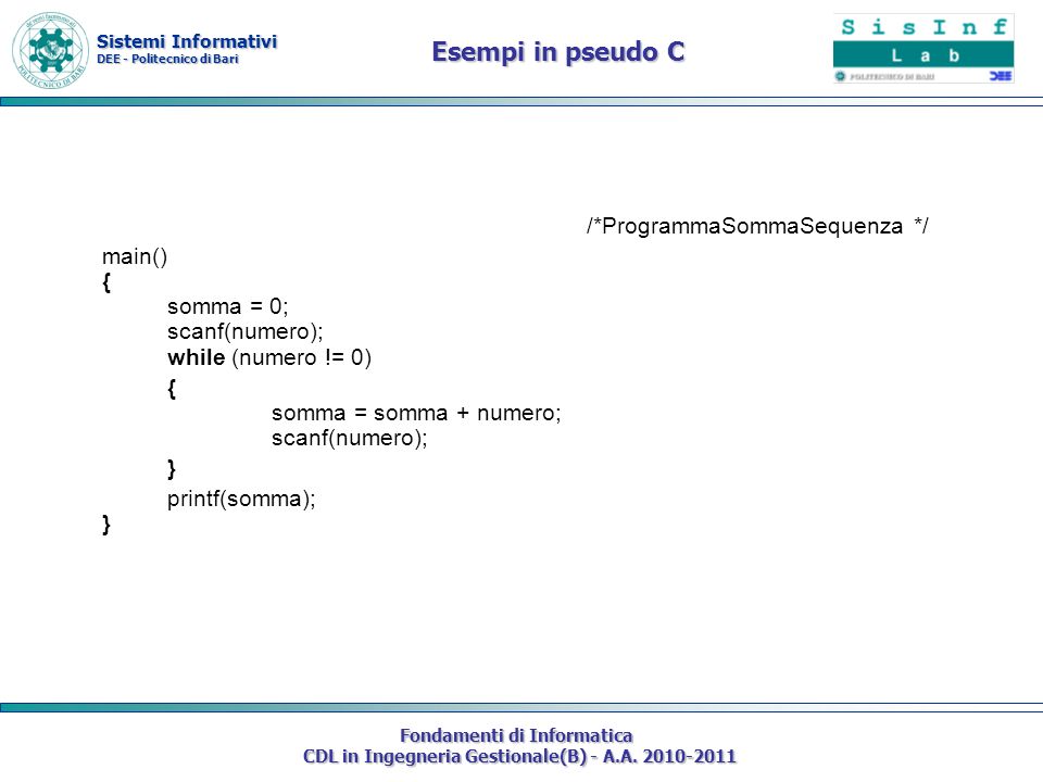 Esempi in pseudo C /*ProgrammaSommaSequenza */
