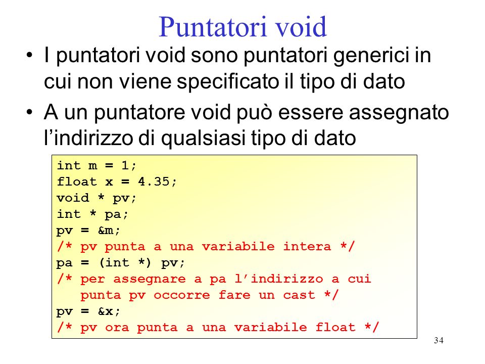 Puntatori void I puntatori void sono puntatori generici in cui non viene specificato il tipo di dato.