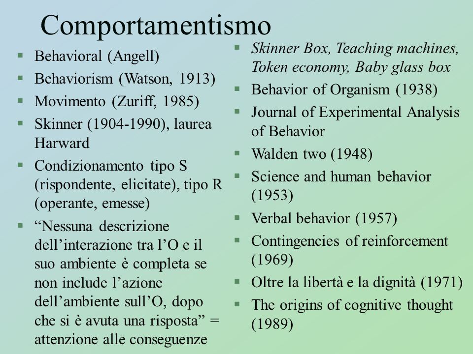 Comportamentismo Skinner Box, Teaching machines, Token economy, Baby glass box. Behavior of Organism (1938)