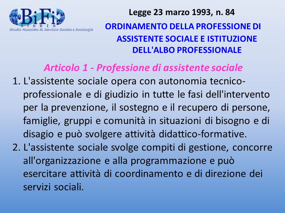 Articolo 1 - Professione di assistente sociale