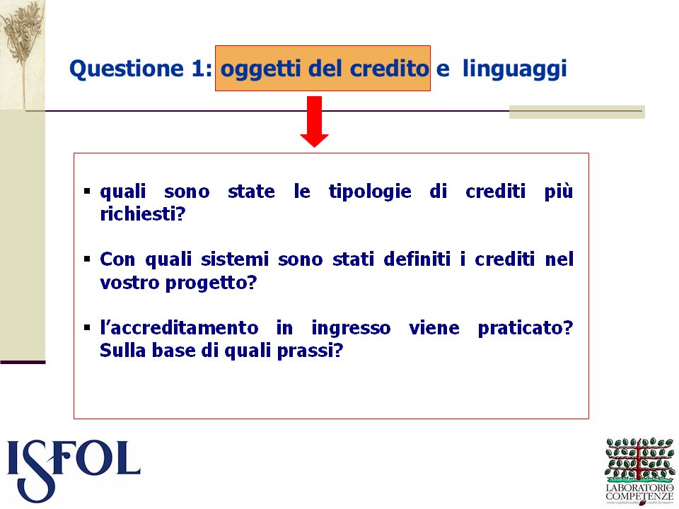 Questione 1: oggetti del credito e linguaggi