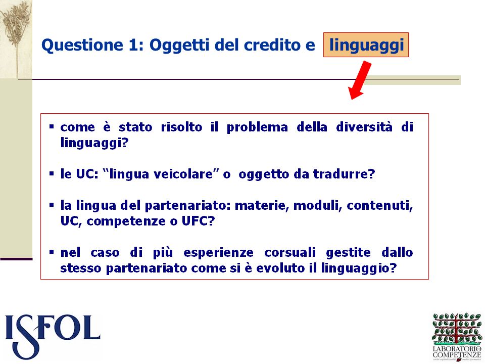 Questione 1: Oggetti del credito e linguaggi