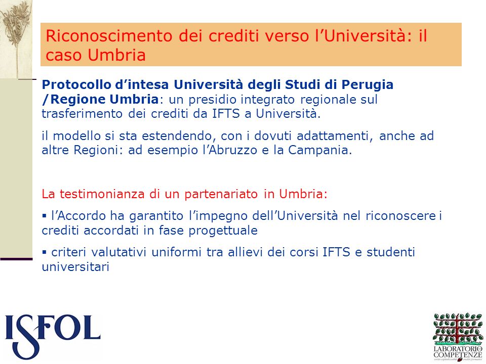 Riconoscimento dei crediti verso l’Università: il caso Umbria