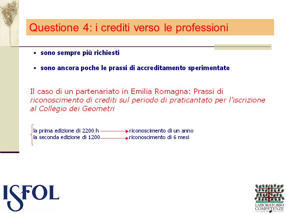 Questione 4: i crediti verso le professioni
