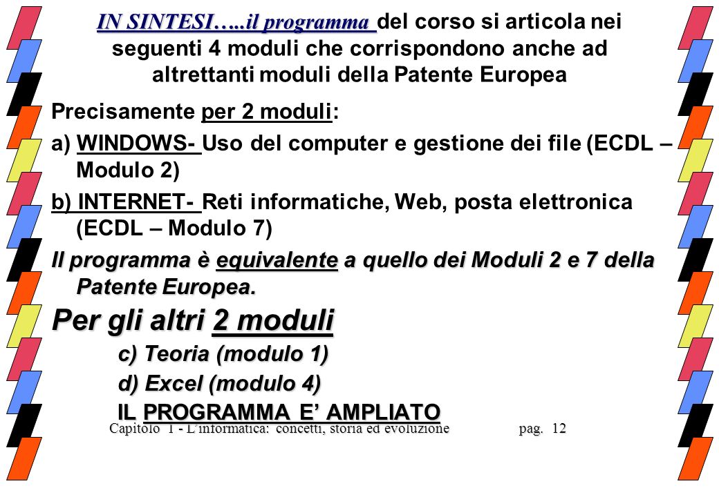 IN SINTESI…..il programma del corso si articola nei seguenti 4 moduli che corrispondono anche ad altrettanti moduli della Patente Europea