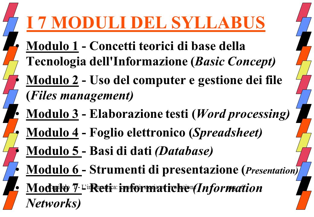 I 7 MODULI DEL SYLLABUS Modulo 1 - Concetti teorici di base della Tecnologia dell Informazione (Basic Concept)