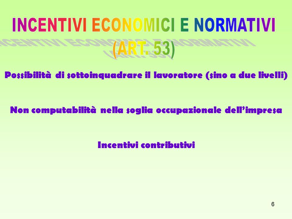 INCENTIVI ECONOMICI E NORMATIVI (ART. 53)