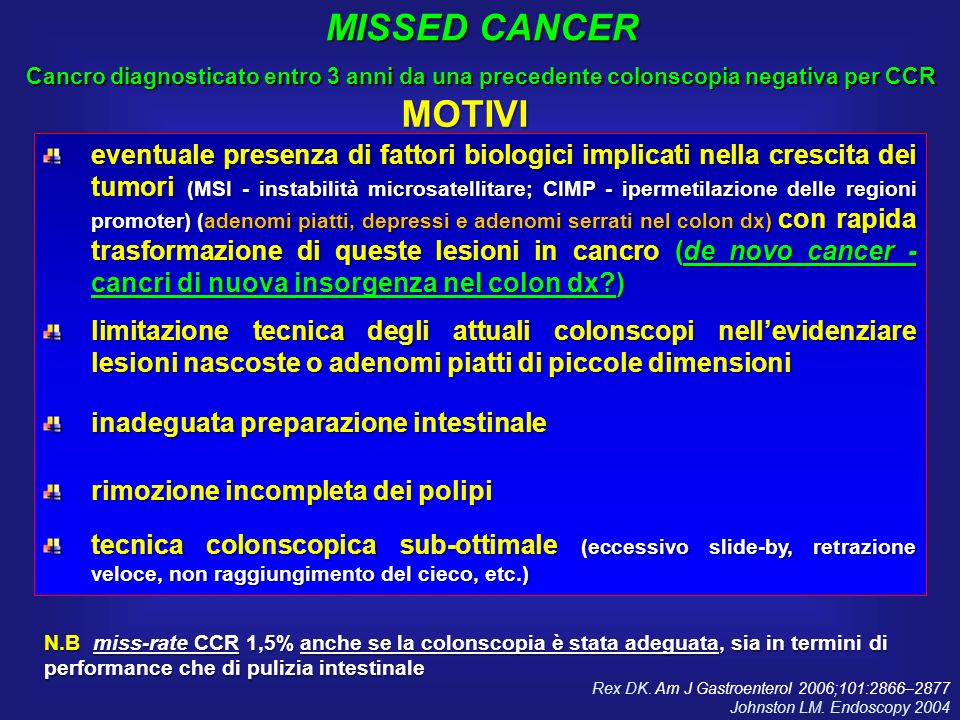 MISSED CANCER Cancro diagnosticato entro 3 anni da una precedente colonscopia negativa per CCR. MOTIVI.