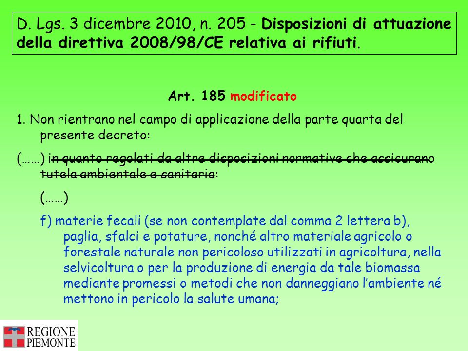 D. Lgs. 3 dicembre 2010, n Disposizioni di attuazione della direttiva 2008/98/CE relativa ai rifiuti.