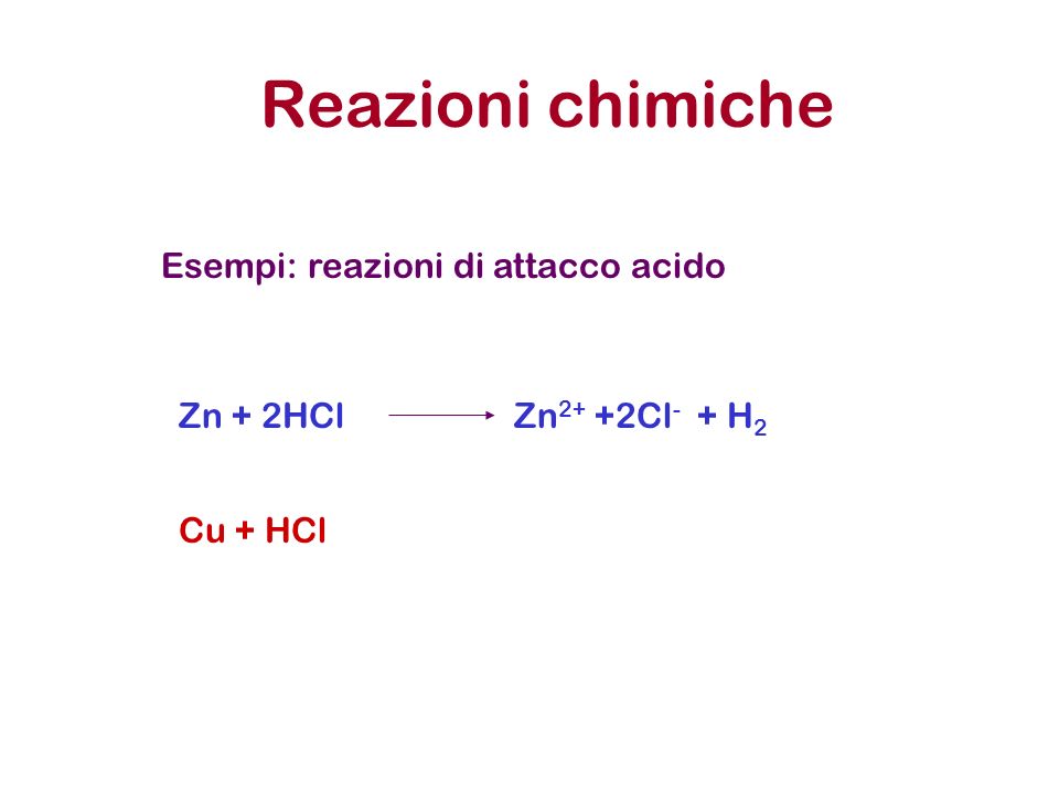 Reazioni chimiche Esempi: reazioni di attacco acido Zn + 2HCl