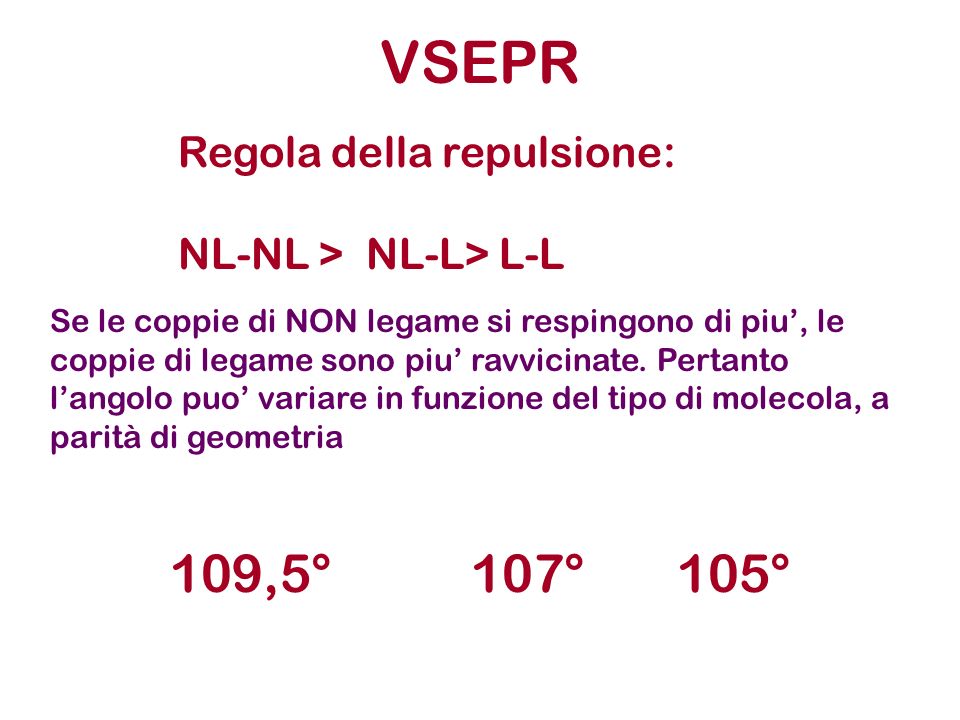 VSEPR 109,5° 107° 105° Regola della repulsione: