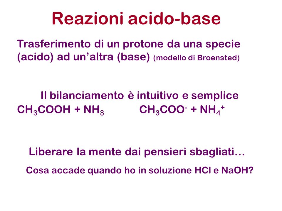 Reazioni acido-base Trasferimento di un protone da una specie (acido) ad un’altra (base) (modello di Broensted)