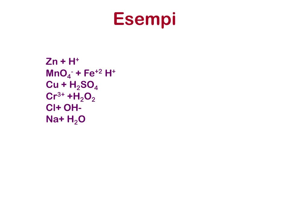 Esempi Zn + H+ MnO4- + Fe+2 H+ Cu + H2SO4 Cr3+ +H2O2 Cl+ OH- Na+ H2O