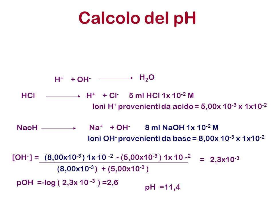 Calcolo del pH H2O H+ + OH- HCl H+ + Cl- 5 ml HCl 1x 10-2 M