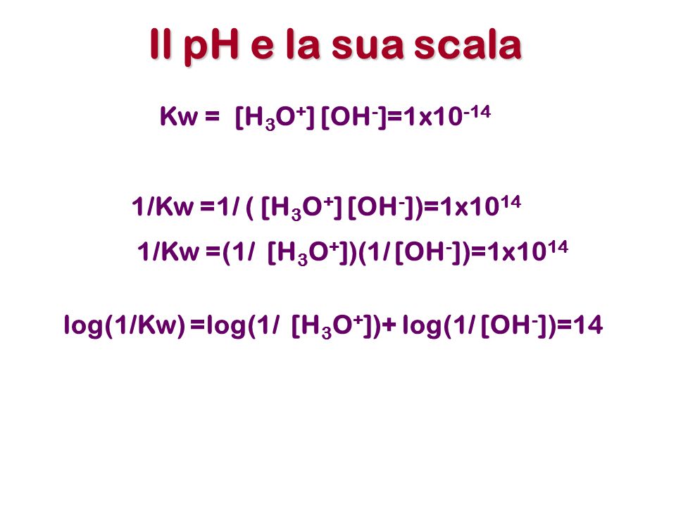 Il pH e la sua scala Kw = [H3O+] [OH-]=1x10-14