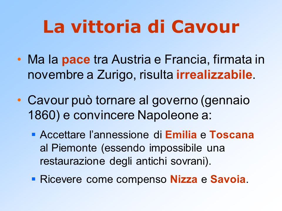 La vittoria di Cavour Ma la pace tra Austria e Francia, firmata in novembre a Zurigo, risulta irrealizzabile.
