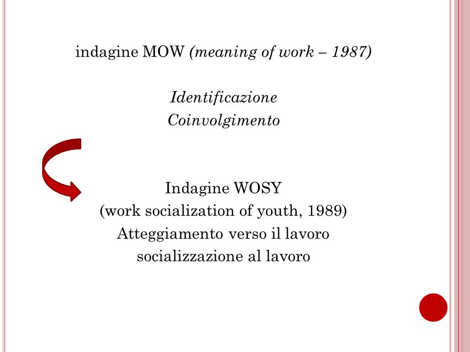 indagine MOW (meaning of work – 1987) Identificazione Coinvolgimento Indagine WOSY (work socialization of youth, 1989) Atteggiamento verso il lavoro socializzazione al lavoro