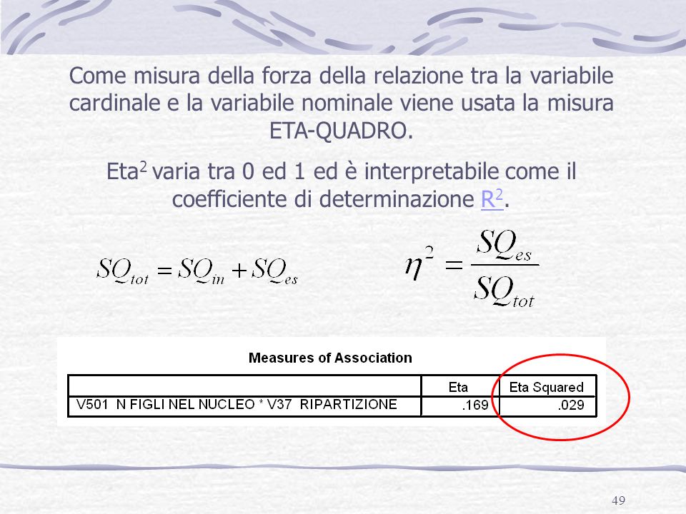Come misura della forza della relazione tra la variabile cardinale e la variabile nominale viene usata la misura ETA-QUADRO.