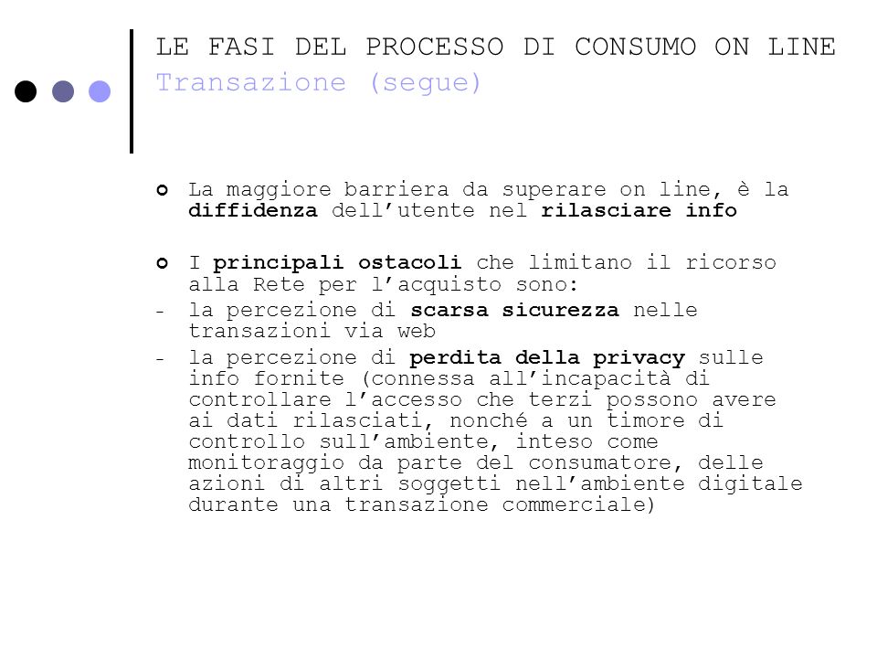 LE FASI DEL PROCESSO DI CONSUMO ON LINE Transazione (segue)