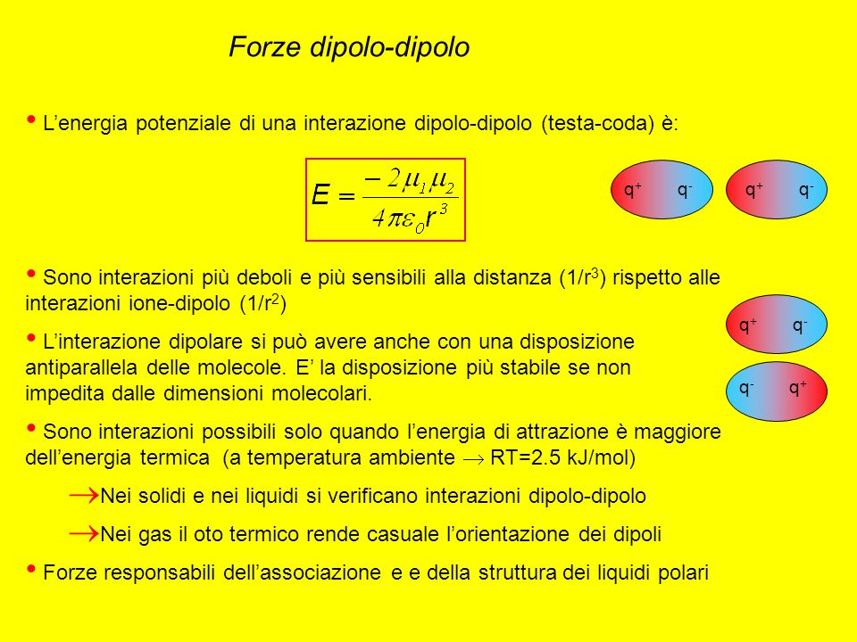 Forze dipolo-dipolo L’energia potenziale di una interazione dipolo-dipolo (testa-coda) è: