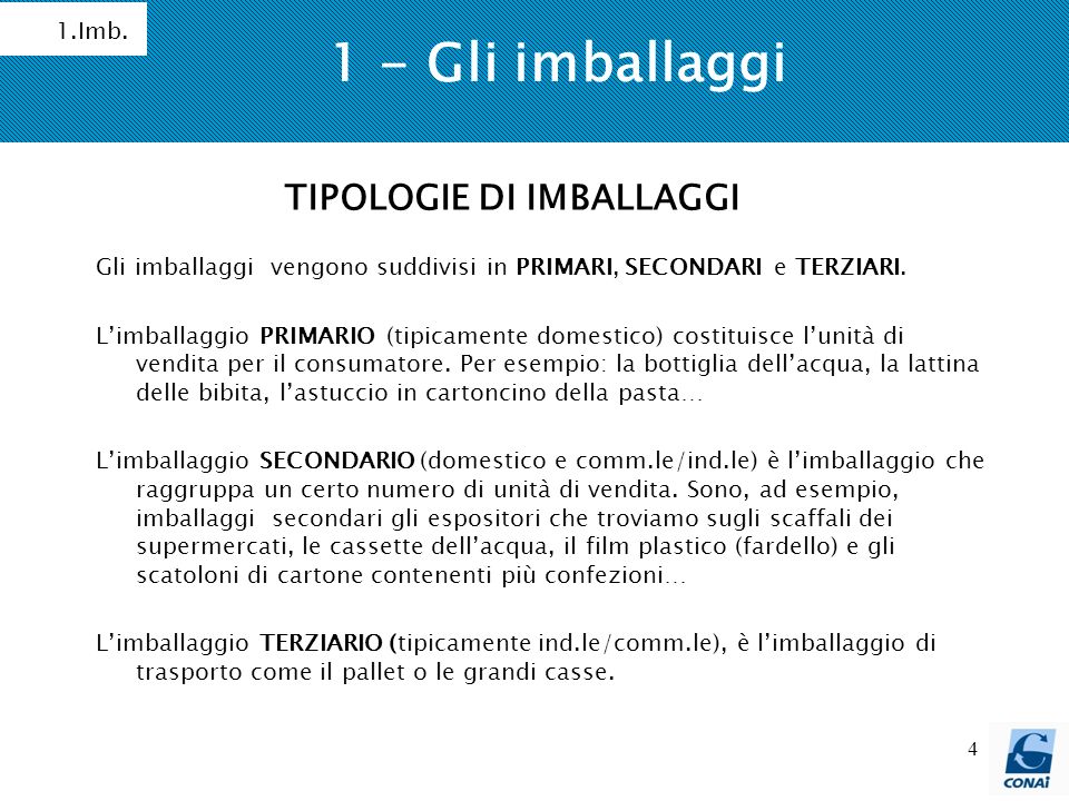 1 - Gli imballaggi TIPOLOGIE DI IMBALLAGGI 1.Imb.