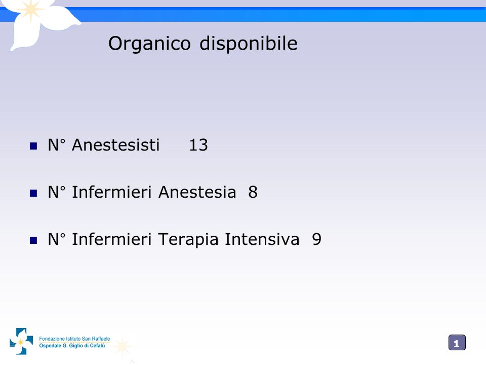 Organico disponibile N° Anestesisti 13 N° Infermieri Anestesia 8