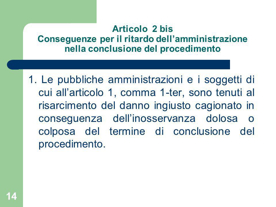 Articolo 2 bis Conseguenze per il ritardo dell’amministrazione nella conclusione del procedimento
