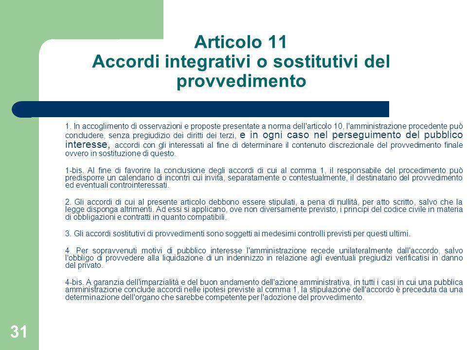Articolo 11 Accordi integrativi o sostitutivi del provvedimento