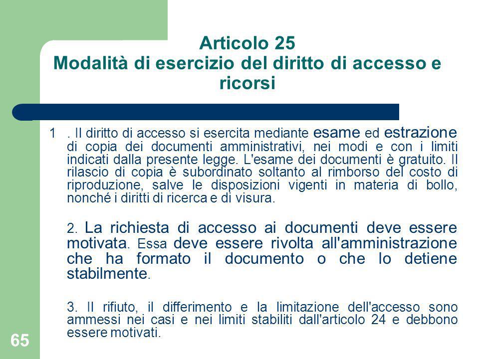 Articolo 25 Modalità di esercizio del diritto di accesso e ricorsi