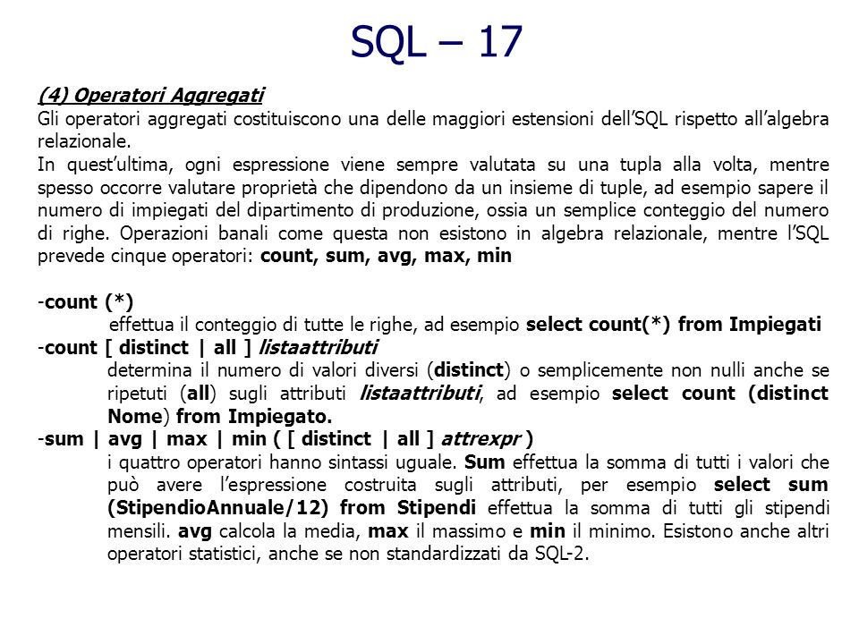 SQL – 17 (4) Operatori Aggregati