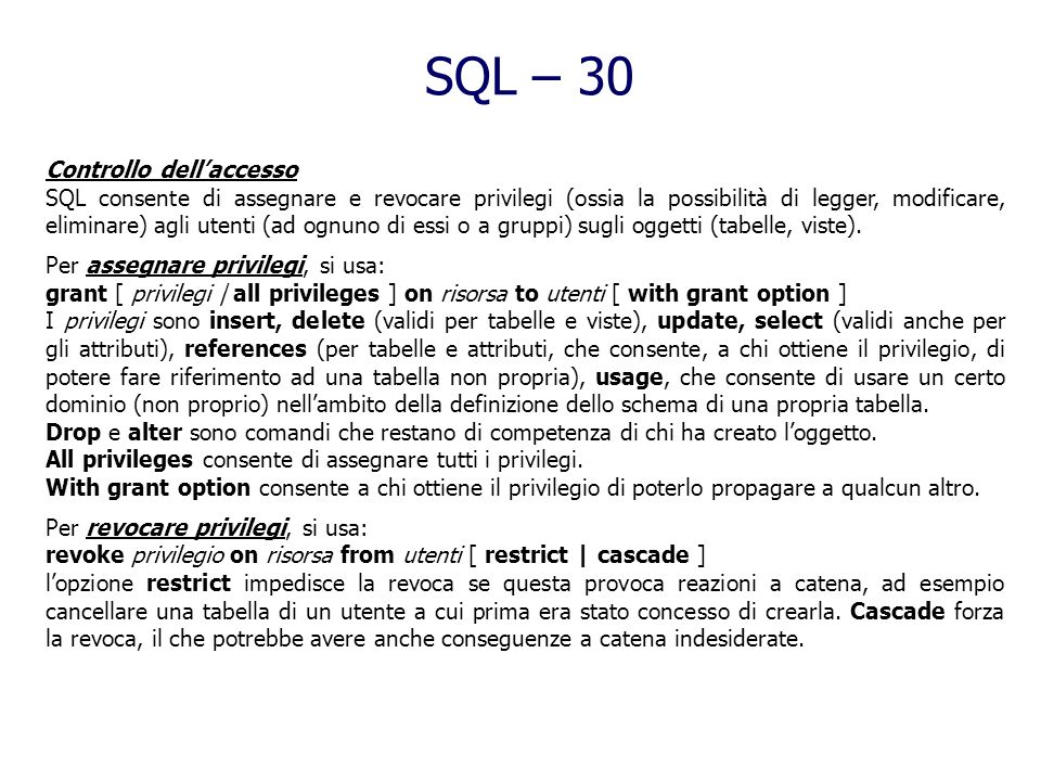 SQL – 30 Controllo dell’accesso