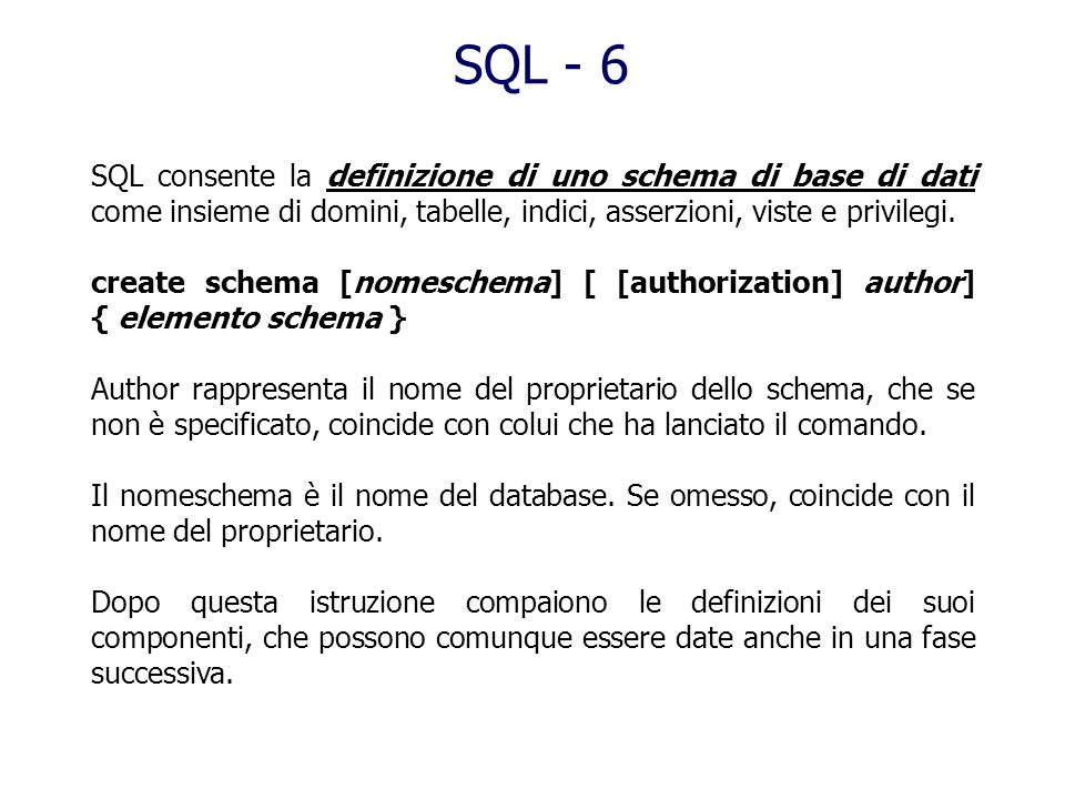 SQL - 6 SQL consente la definizione di uno schema di base di dati come insieme di domini, tabelle, indici, asserzioni, viste e privilegi.