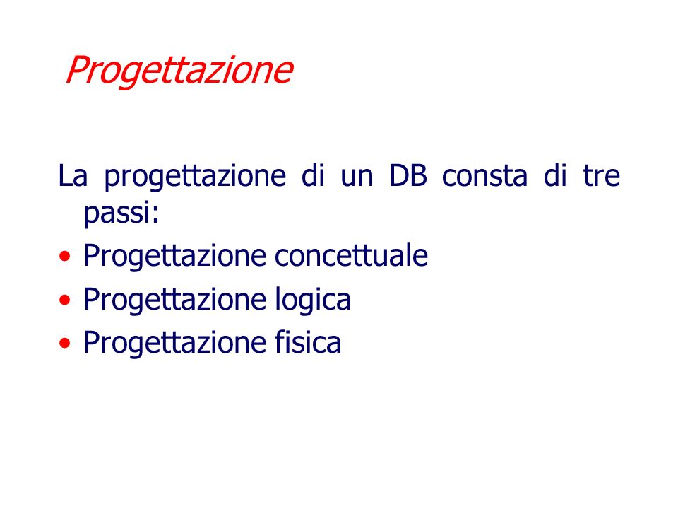 Progettazione La progettazione di un DB consta di tre passi: