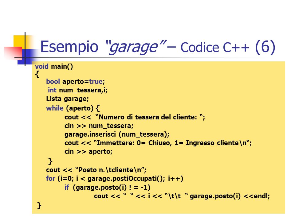 Esempio garage – Codice C++ (6)