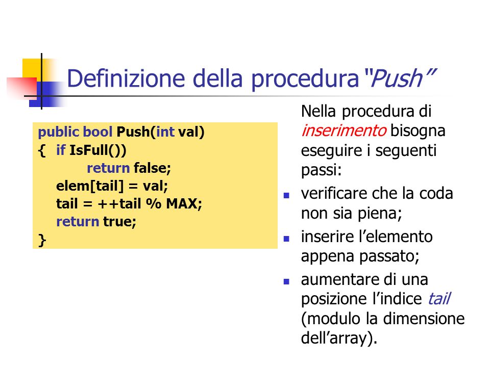 Definizione della procedura Push