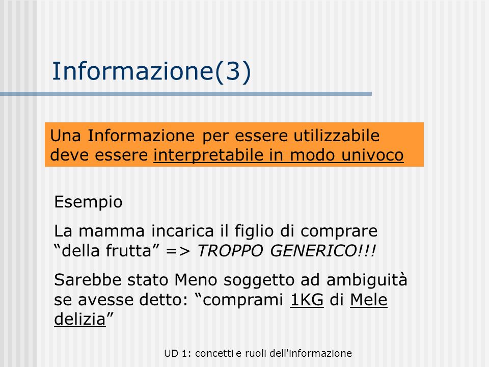 Informazione(3) Una Informazione per essere utilizzabile deve essere interpretabile in modo univoco.