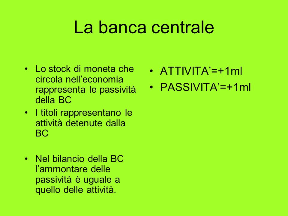 La banca centrale ATTIVITA’=+1ml PASSIVITA’=+1ml